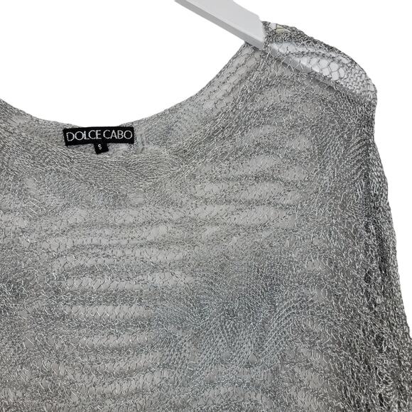 Dolce Cabo Open Weave Silver Metallic Pullover Boatneck Slouch Sweater - Size S - Picture 2 of 8